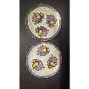 Del Coronado Fruit Salad Plates Set 2 Iridescent Gold Rim Round Porcelain Decor
